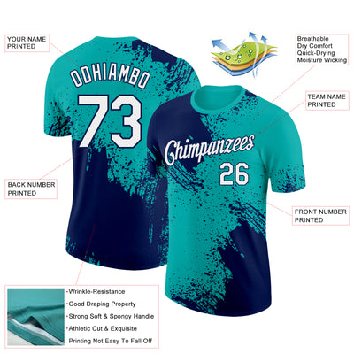 Custom Aqua White-Navy 3D Pattern Design Abstract Brush Stroke Performance T-Shirt