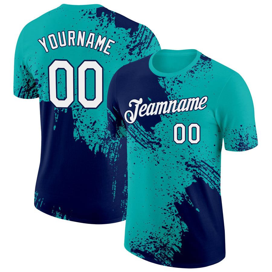 Custom Aqua White-Navy 3D Pattern Design Abstract Brush Stroke Performance T-Shirt