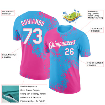 Custom Sky Blue White-Pink 3D Pattern Design Abstract Brush Stroke Performance T-Shirt