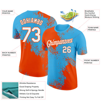Custom Sky Blue White-Orange 3D Pattern Design Abstract Brush Stroke Performance T-Shirt