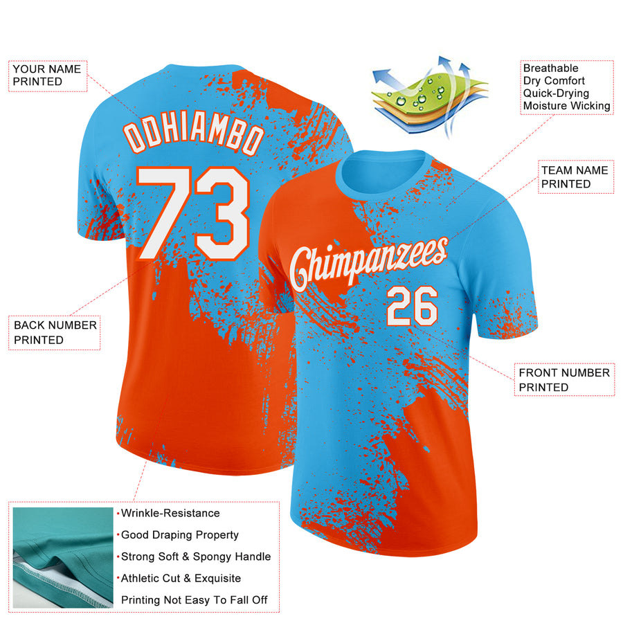 Custom Sky Blue White-Orange 3D Pattern Design Abstract Brush Stroke Performance T-Shirt