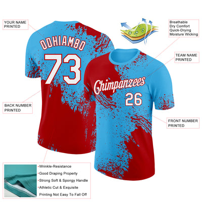 Custom Sky Blue White-Red 3D Pattern Design Abstract Brush Stroke Performance T-Shirt