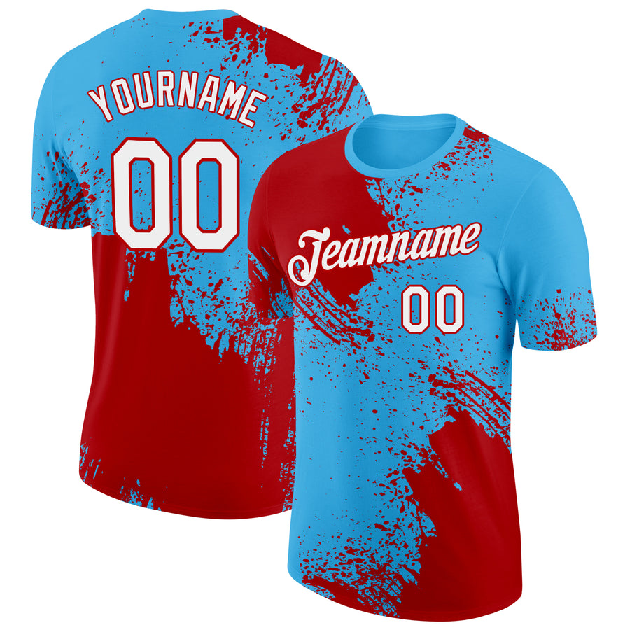 Custom Sky Blue White-Red 3D Pattern Design Abstract Brush Stroke Performance T-Shirt