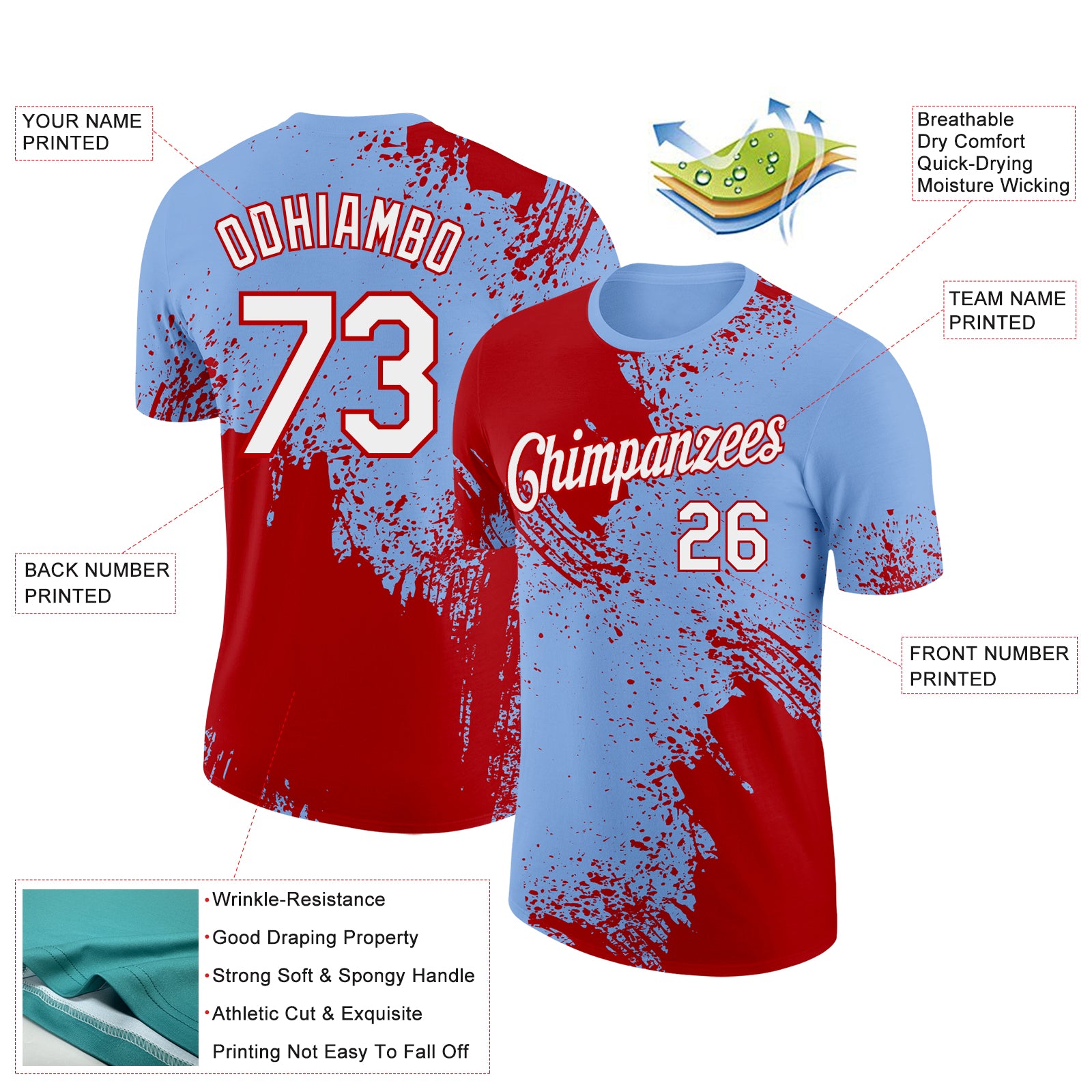 Custom Light Blue White-Red 3D Pattern Design Abstract Brush Stroke Performance T-Shirt