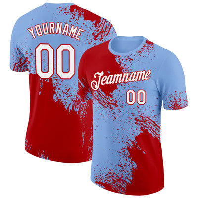 Custom Light Blue White-Red 3D Pattern Design Abstract Brush Stroke Performance T-Shirt