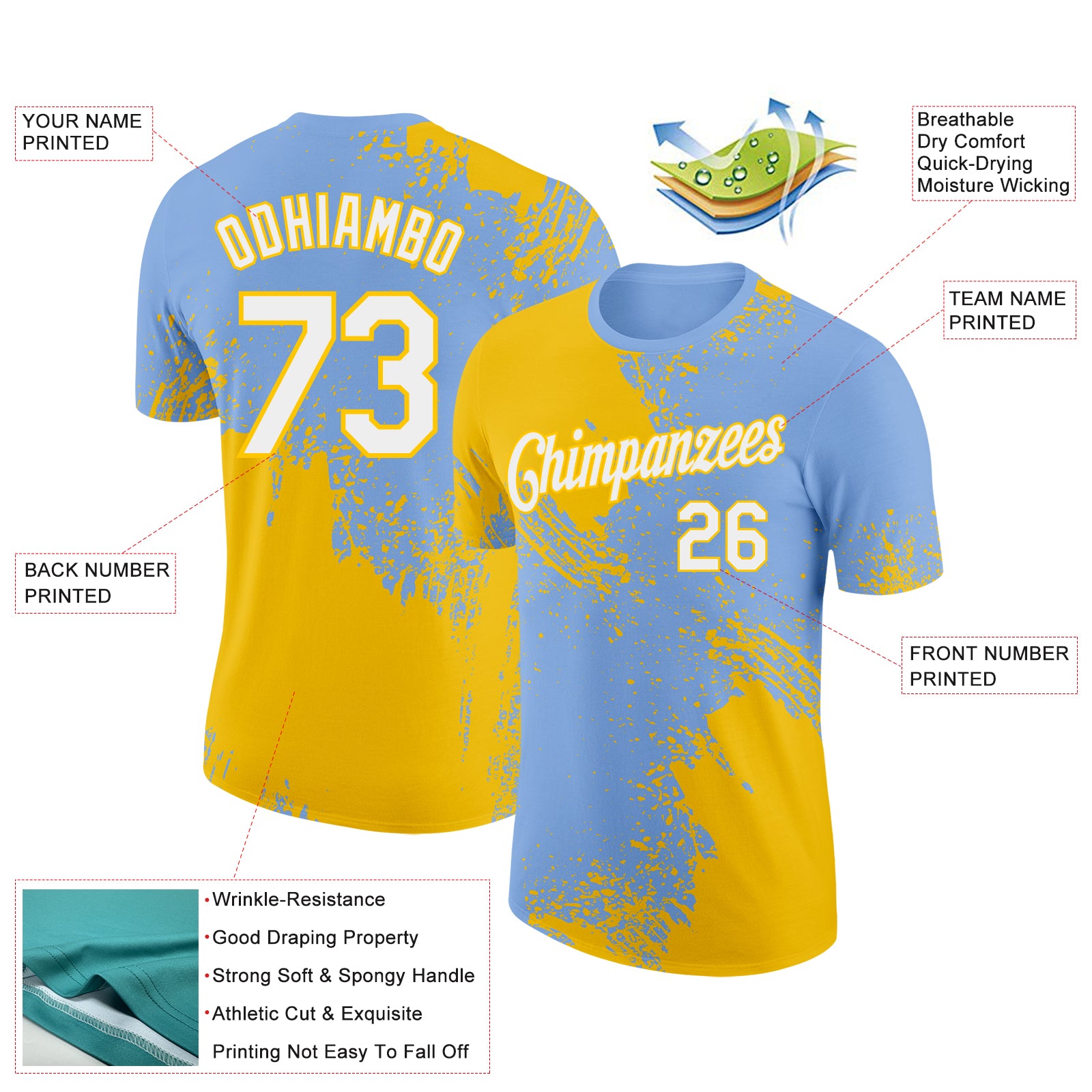 Custom Light Blue White-Yellow 3D Pattern Design Abstract Brush Stroke Performance T-Shirt