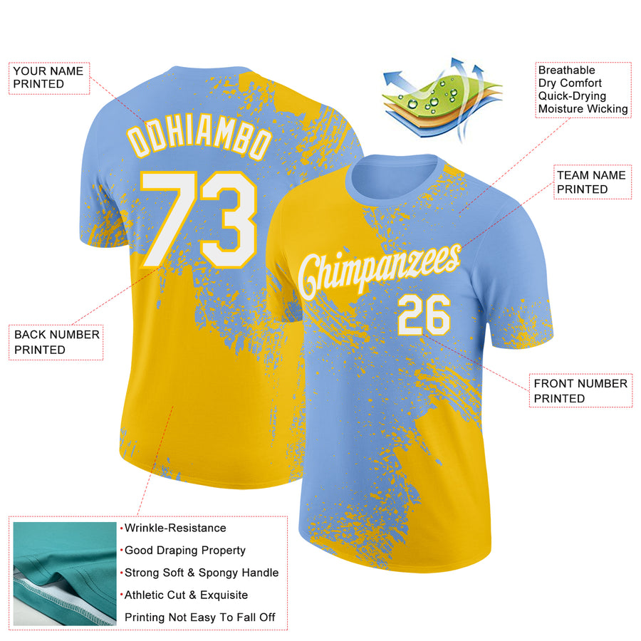 Custom Light Blue White-Yellow 3D Pattern Design Abstract Brush Stroke Performance T-Shirt