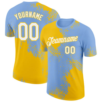 Custom Light Blue White-Yellow 3D Pattern Design Abstract Brush Stroke Performance T-Shirt
