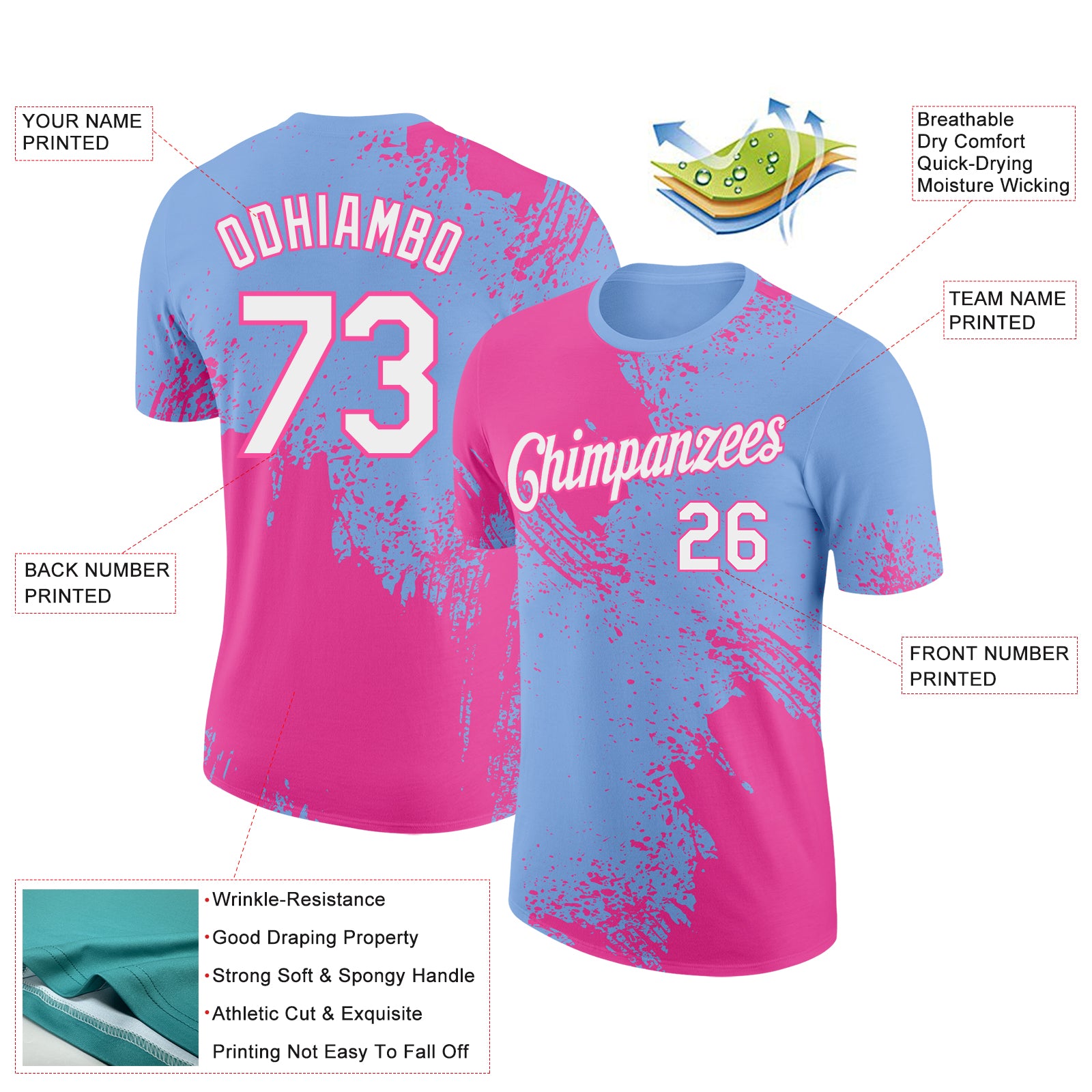 Custom Light Blue White-Pink 3D Pattern Design Abstract Brush Stroke Performance T-Shirt