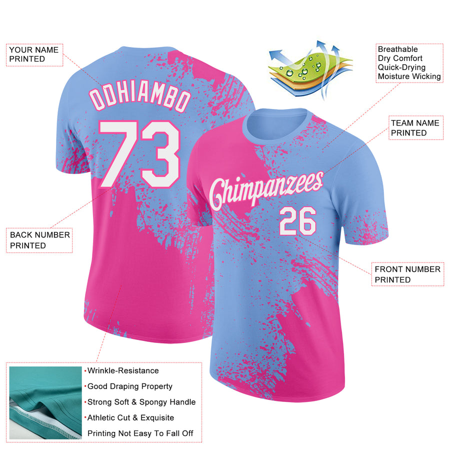 Custom Light Blue White-Pink 3D Pattern Design Abstract Brush Stroke Performance T-Shirt