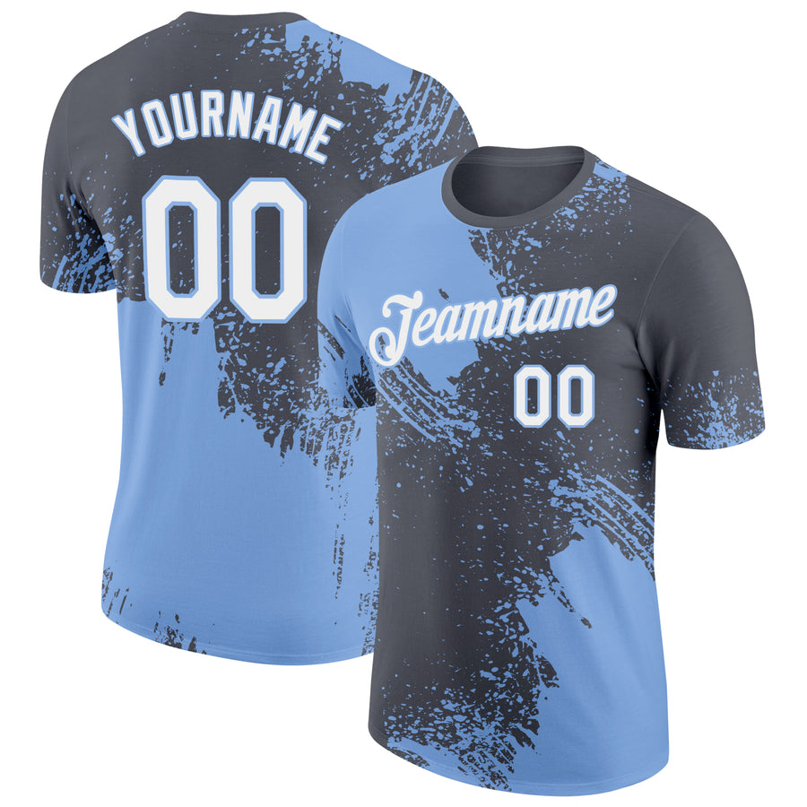 Custom Steel Gray White-Light Blue 3D Pattern Design Abstract Brush Stroke Performance T-Shirt