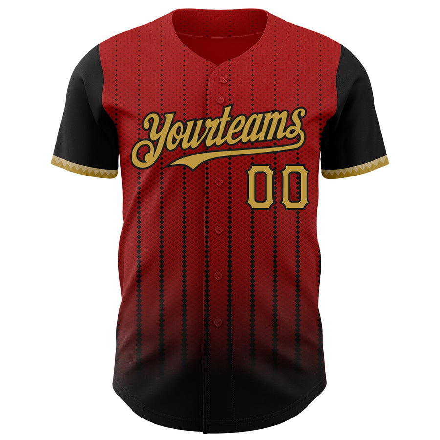 Custom Red Old Gold-Black 3D Pattern Design Gradient Geometric Shape Authentic Baseball Jersey