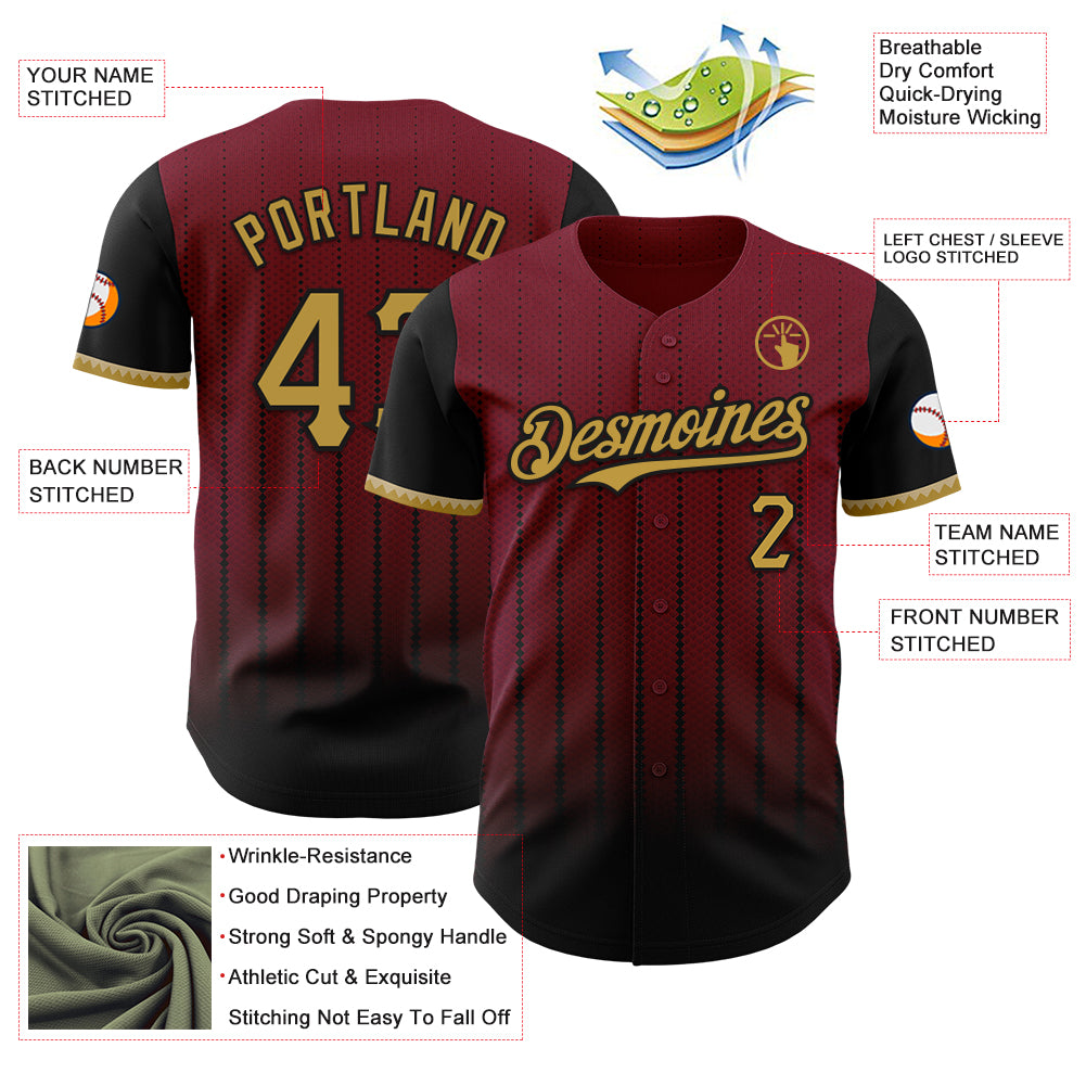 Custom Crimson Old Gold-Black 3D Pattern Design Gradient Geometric Shape Authentic Baseball Jersey