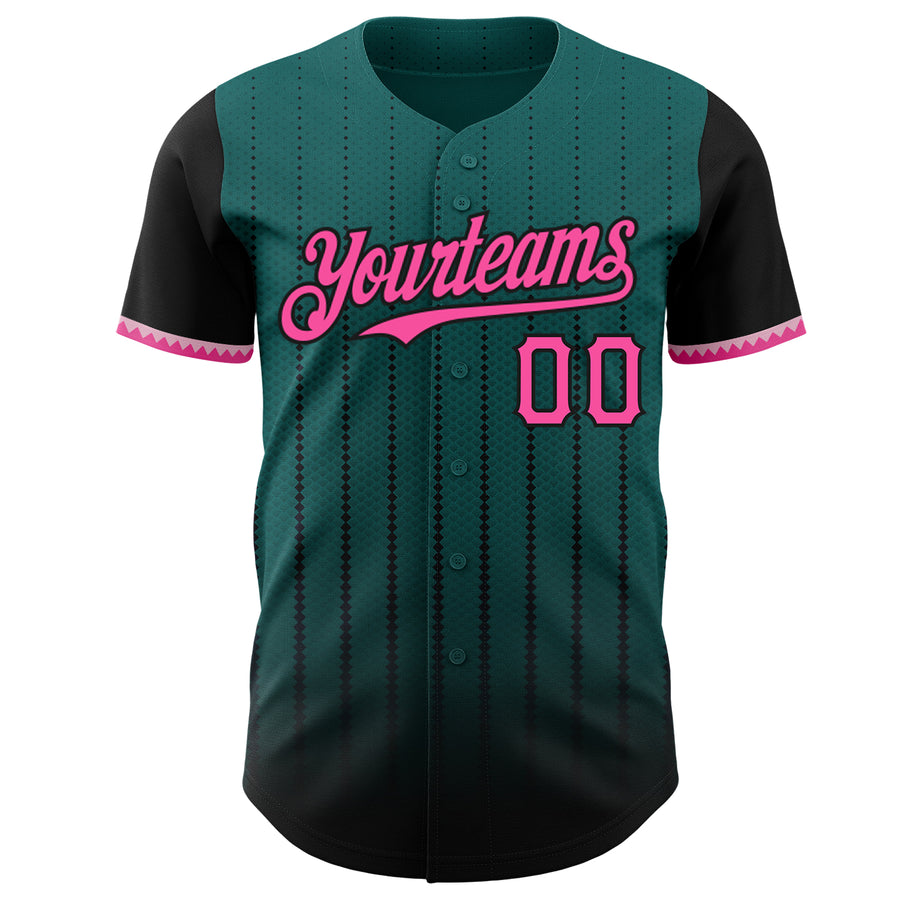 Custom Teal Pink-Black 3D Pattern Design Gradient Geometric Shape Authentic Baseball Jersey