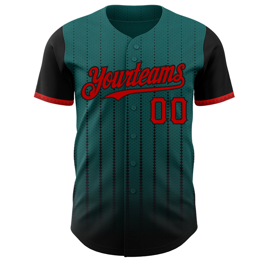Custom Teal Red-Black 3D Pattern Design Gradient Geometric Shape Authentic Baseball Jersey