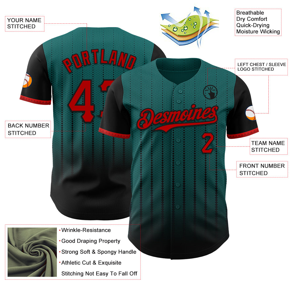 Custom Teal Red-Black 3D Pattern Design Gradient Geometric Shape Authentic Baseball Jersey