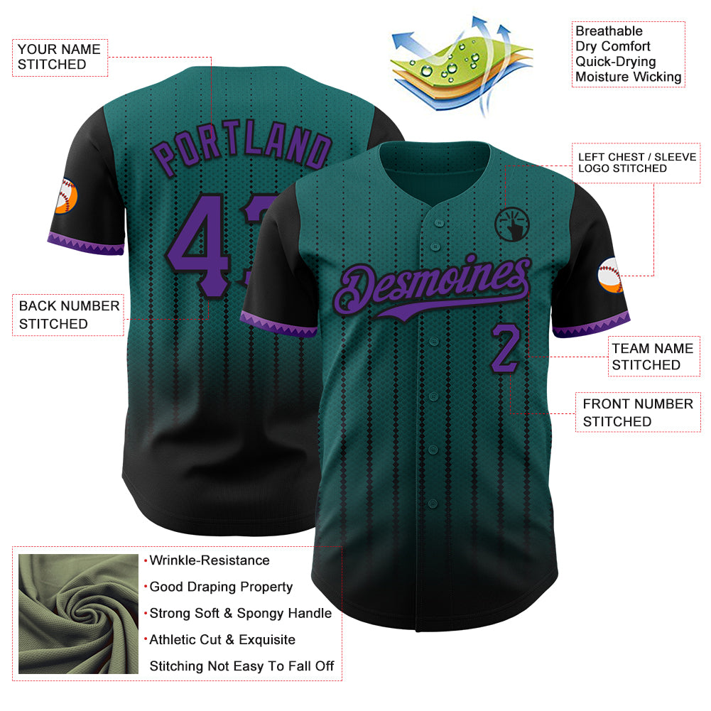 Custom Teal Purple-Black 3D Pattern Design Gradient Geometric Shape Authentic Baseball Jersey