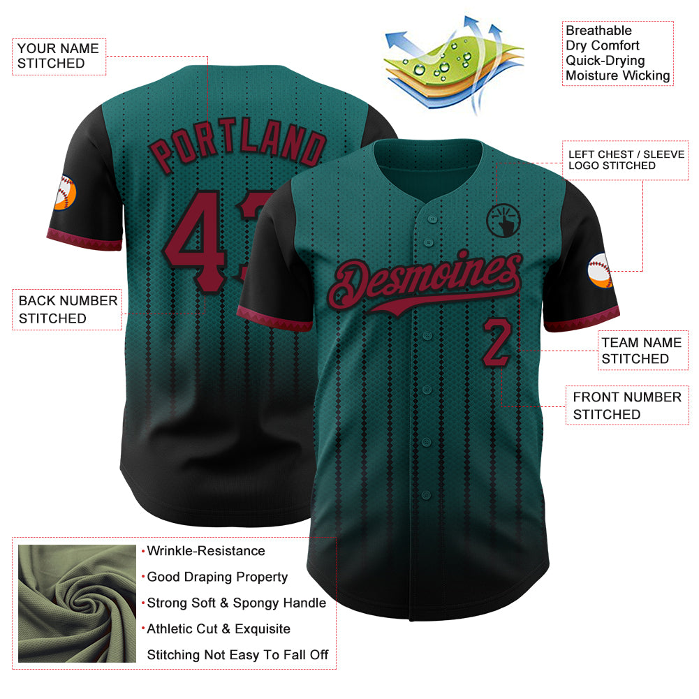 Custom Teal Crimson-Black 3D Pattern Design Gradient Geometric Shape Authentic Baseball Jersey