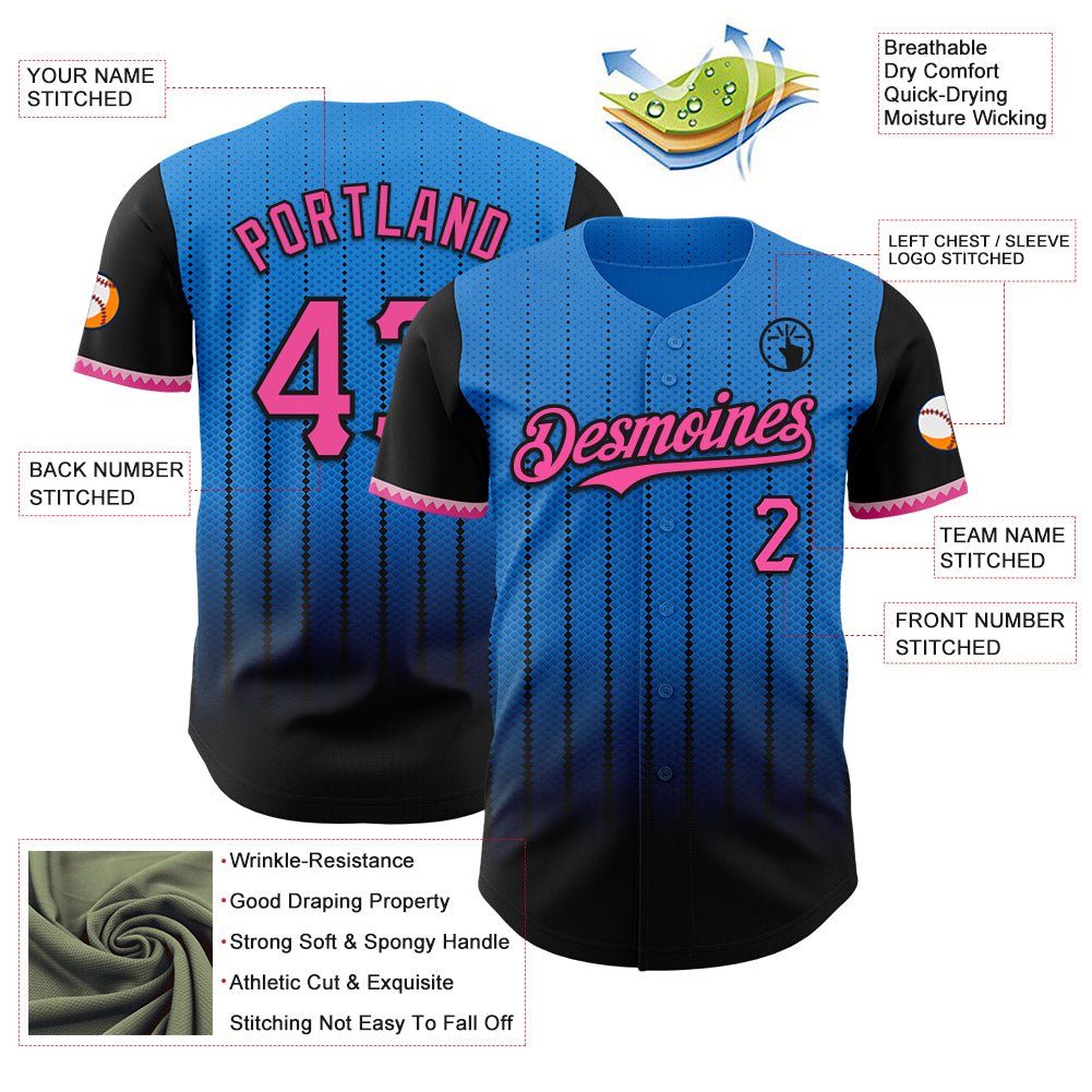 Custom Electric Blue Pink-Black 3D Pattern Design Gradient Geometric Shape Authentic Baseball Jersey