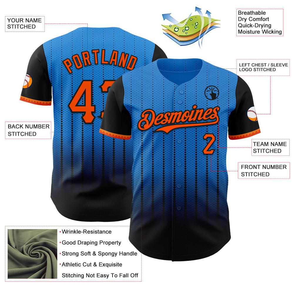 Custom Electric Blue Orange-Black 3D Pattern Design Gradient Geometric Shape Authentic Baseball Jersey