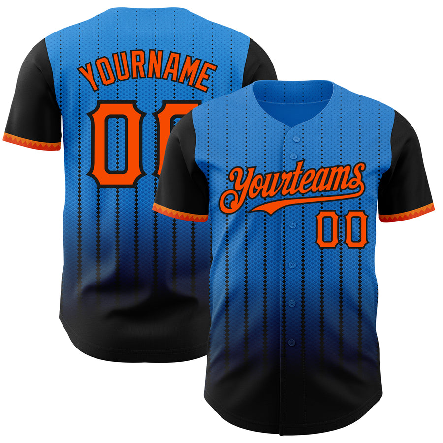 Custom Electric Blue Orange-Black 3D Pattern Design Gradient Geometric Shape Authentic Baseball Jersey