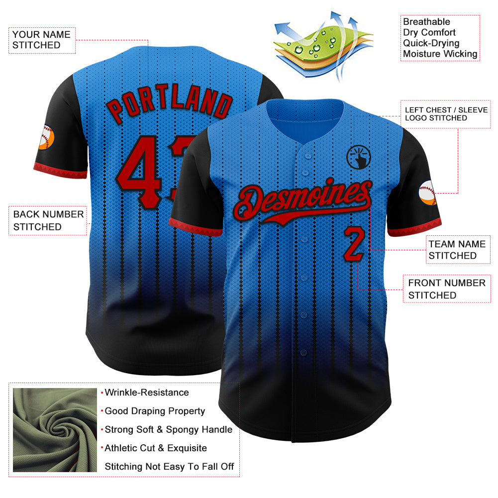 Custom Electric Blue Red-Black 3D Pattern Design Gradient Geometric Shape Authentic Baseball Jersey