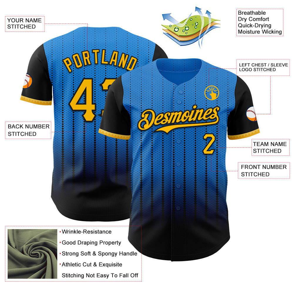 Custom Electric Blue Gold-Black 3D Pattern Design Gradient Geometric Shape Authentic Baseball Jersey