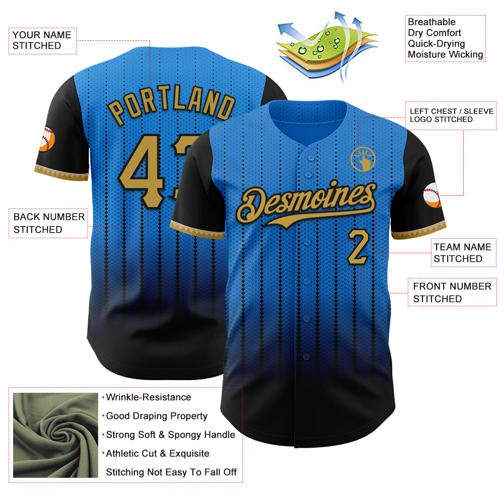 Custom Electric Blue Old Gold-Black 3D Pattern Design Gradient Geometric Shape Authentic Baseball Jersey