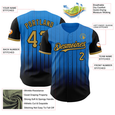 Custom Electric Blue Old Gold-Black 3D Pattern Design Gradient Geometric Shape Authentic Baseball Jersey