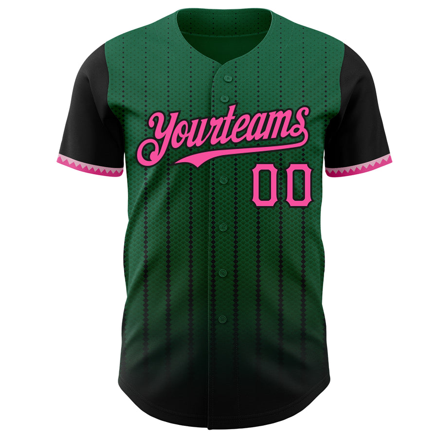 Custom Kelly Green Pink-Black 3D Pattern Design Gradient Geometric Shape Authentic Baseball Jersey