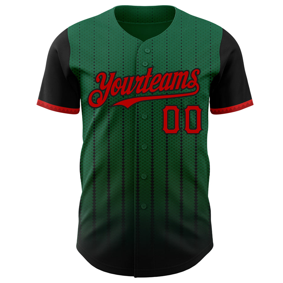 Custom Kelly Green Red-Black 3D Pattern Design Gradient Geometric Shape Authentic Baseball Jersey