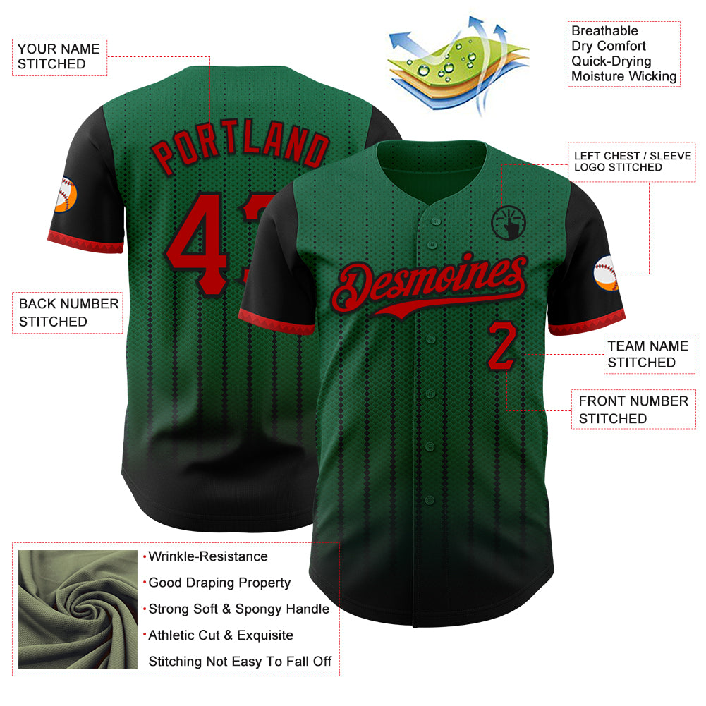 Custom Kelly Green Red-Black 3D Pattern Design Gradient Geometric Shape Authentic Baseball Jersey