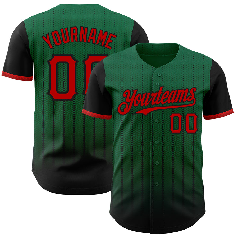 Custom Kelly Green Red-Black 3D Pattern Design Gradient Geometric Shape Authentic Baseball Jersey