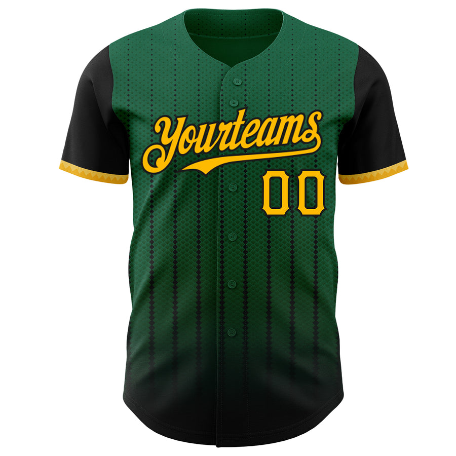 Custom Kelly Green Gold-Black 3D Pattern Design Gradient Geometric Shape Authentic Baseball Jersey