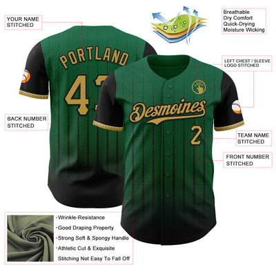 Custom Kelly Green Old Gold-Black 3D Pattern Design Gradient Geometric Shape Authentic Baseball Jersey