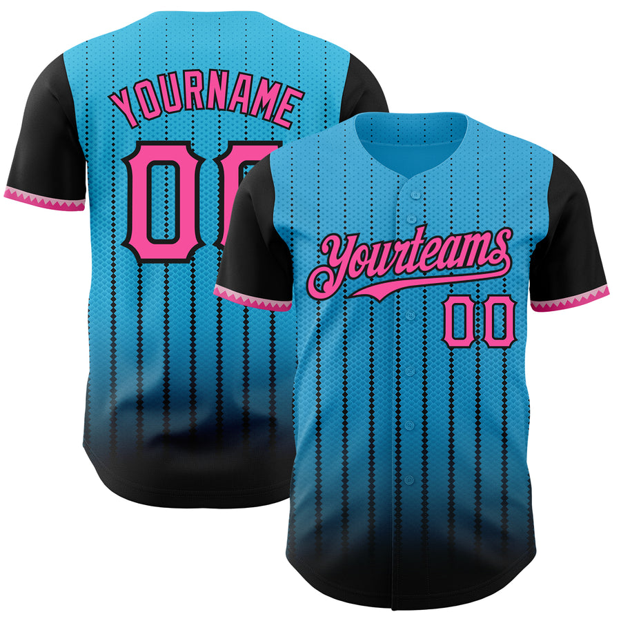 Custom Sky Blue Pink-Black 3D Pattern Design Gradient Geometric Shape Authentic Baseball Jersey