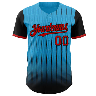 Custom Sky Blue Red-Black 3D Pattern Design Gradient Geometric Shape Authentic Baseball Jersey