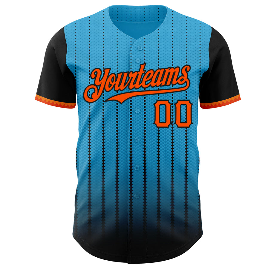 Custom Sky Blue Orange-Black 3D Pattern Design Gradient Geometric Shape Authentic Baseball Jersey