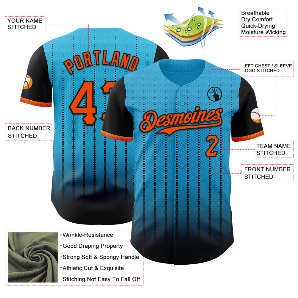 Custom Sky Blue Orange-Black 3D Pattern Design Gradient Geometric Shape Authentic Baseball Jersey