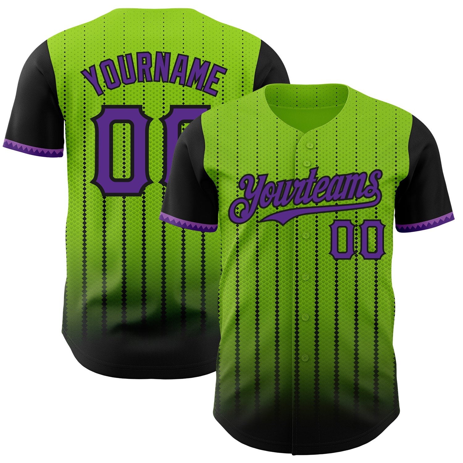 Custom Neon Green Purple-Black 3D Pattern Design Gradient Geometric Shape Authentic Baseball Jersey
