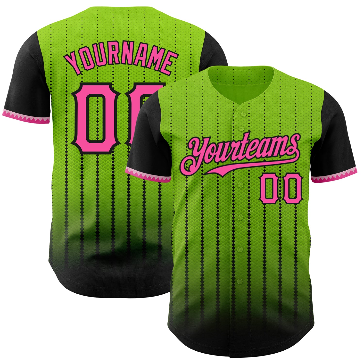 Custom Neon Green Pink-Black 3D Pattern Design Gradient Geometric Shape Authentic Baseball Jersey