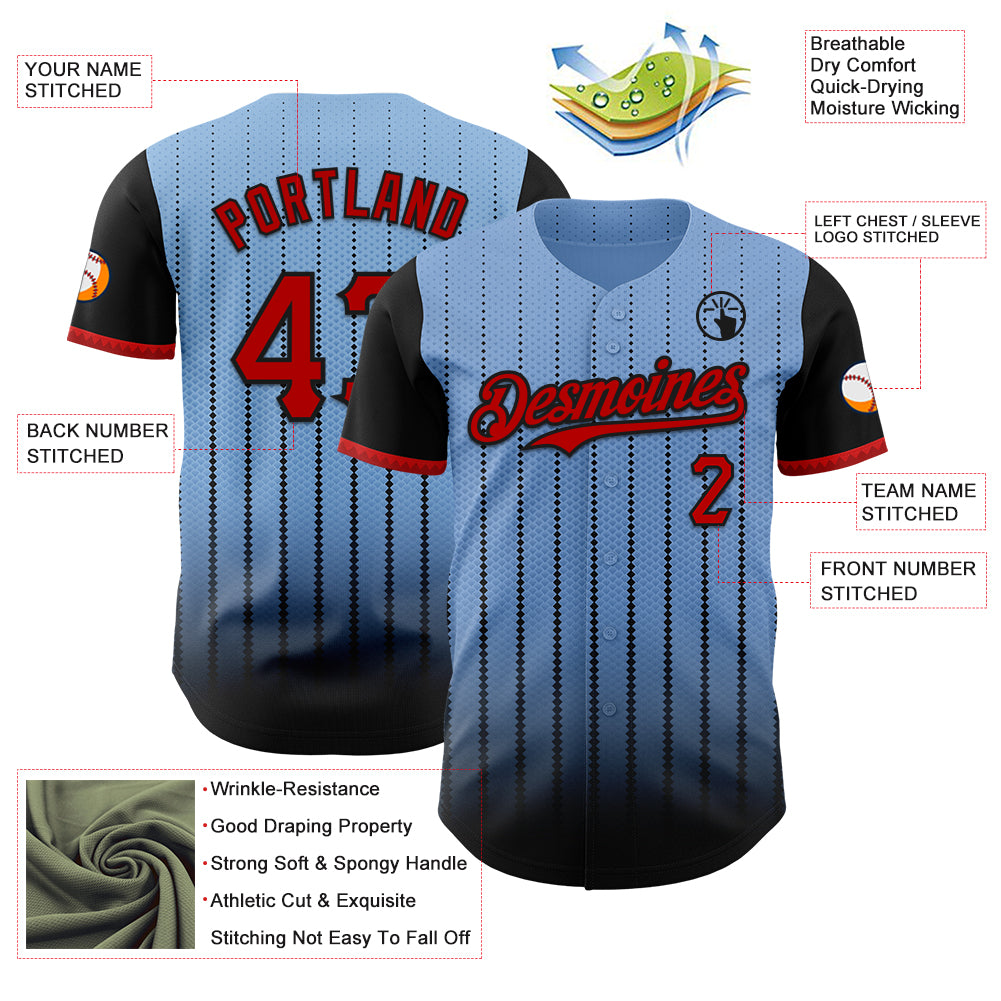 Custom Light Blue Red-Black 3D Pattern Design Gradient Geometric Shape Authentic Baseball Jersey