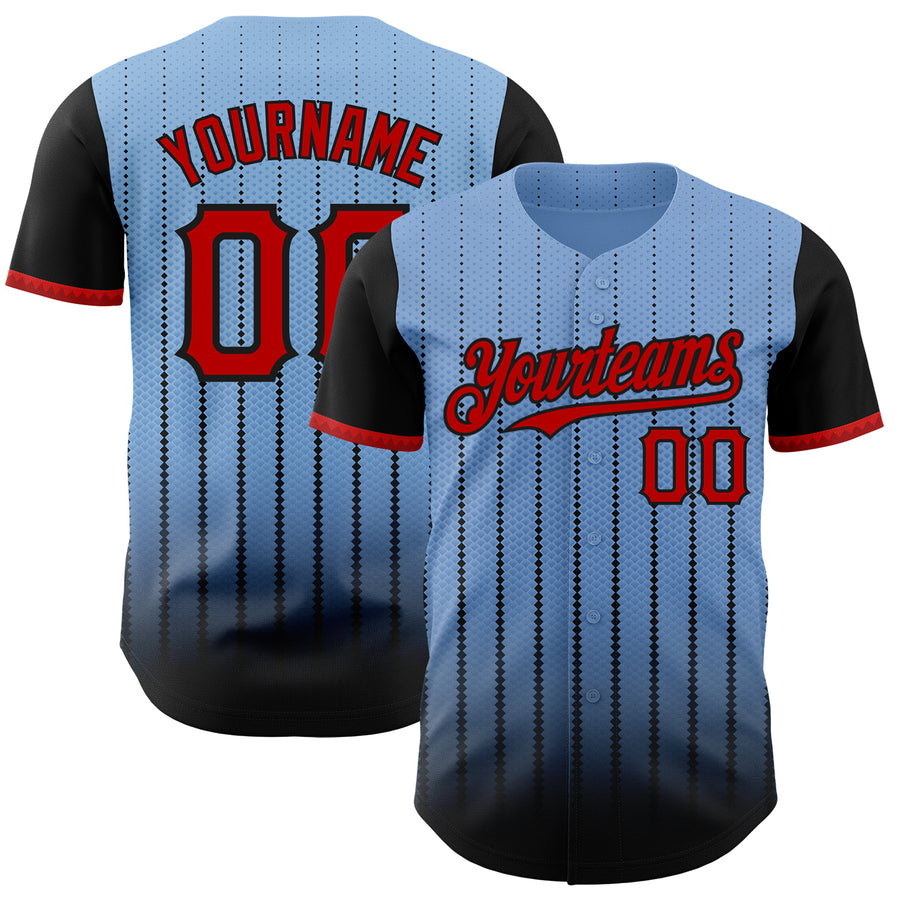 Custom Light Blue Red-Black 3D Pattern Design Gradient Geometric Shape Authentic Baseball Jersey