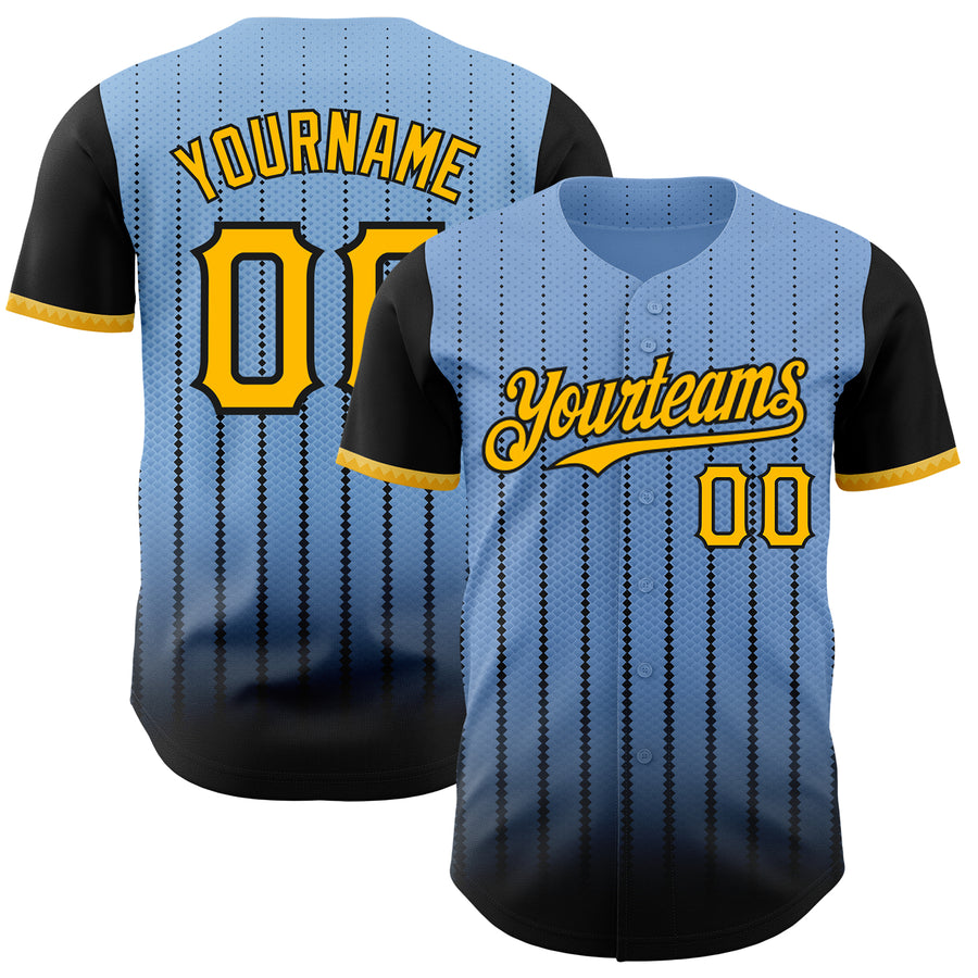 Custom Light Blue Gold-Black 3D Pattern Design Gradient Geometric Shape Authentic Baseball Jersey