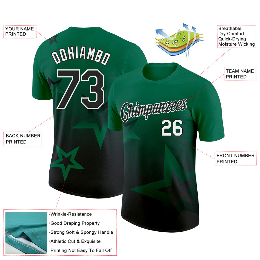 Custom Kelly Green Black-White 3D Pattern Design Gradient Style Twinkle Star Performance T-Shirt