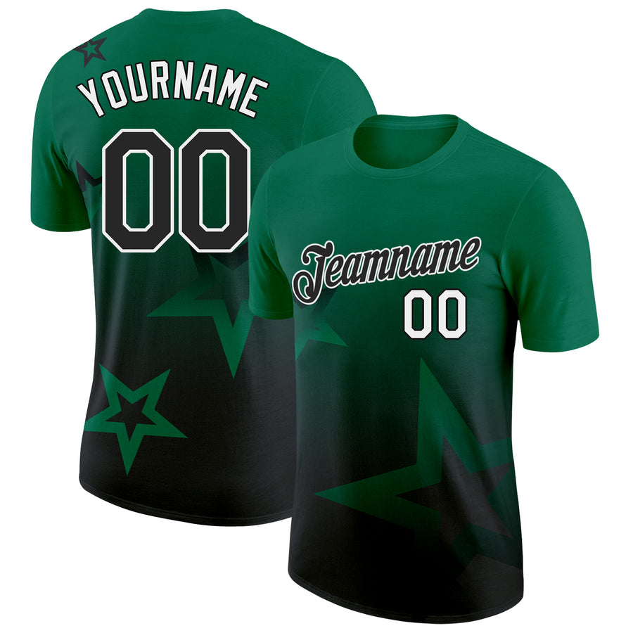 Custom Kelly Green Black-White 3D Pattern Design Gradient Style Twinkle Star Performance T-Shirt