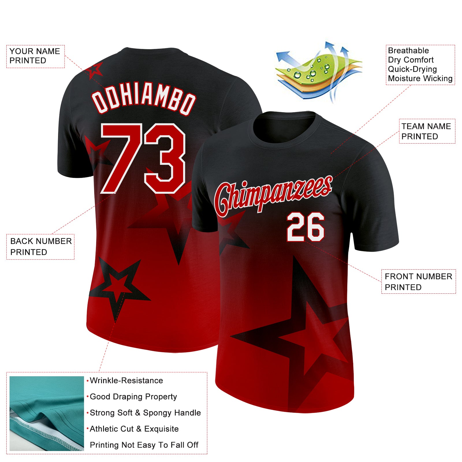 Custom Black Red-White 3D Pattern Design Gradient Style Twinkle Star Performance T-Shirt