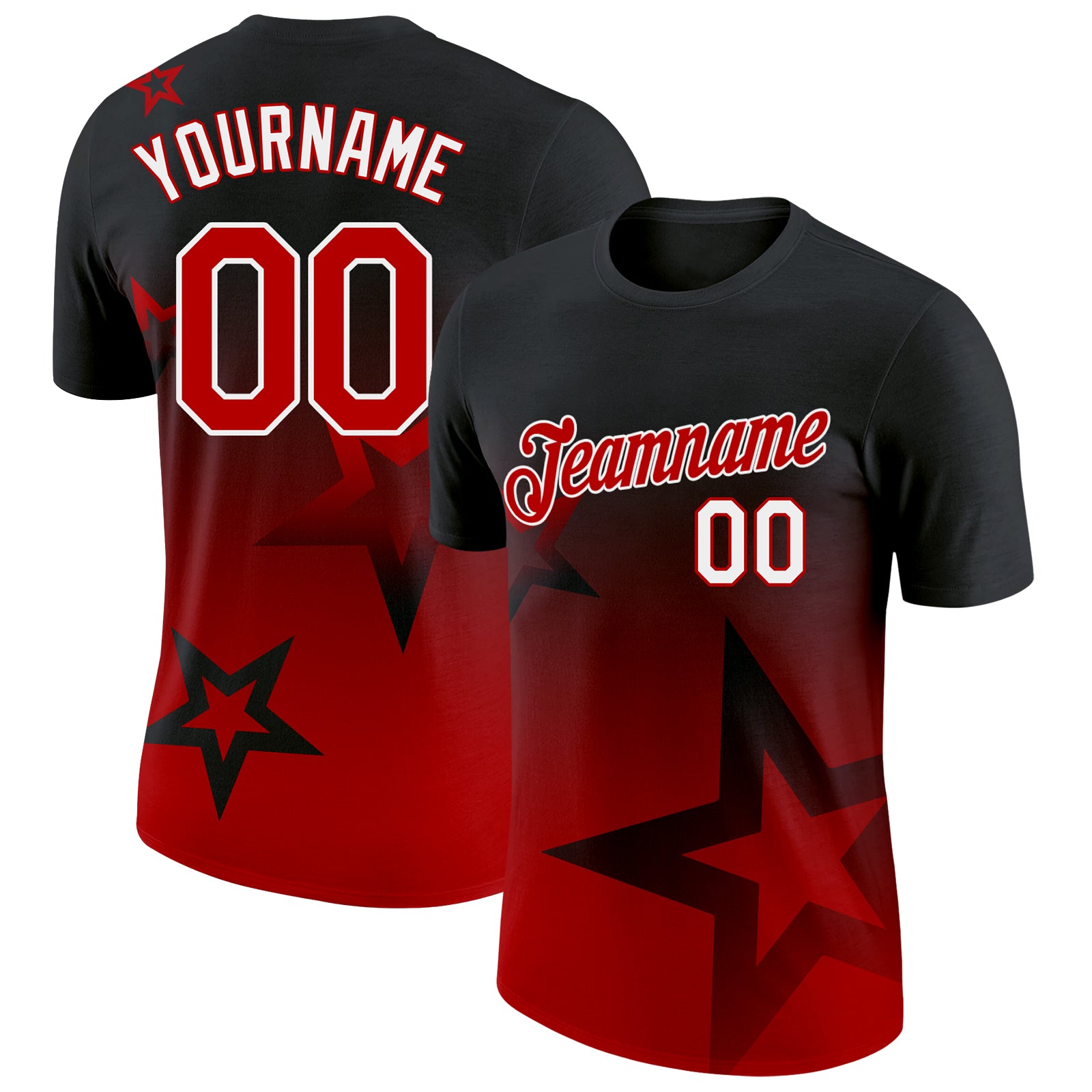 Custom Black Red-White 3D Pattern Design Gradient Style Twinkle Star Performance T-Shirt