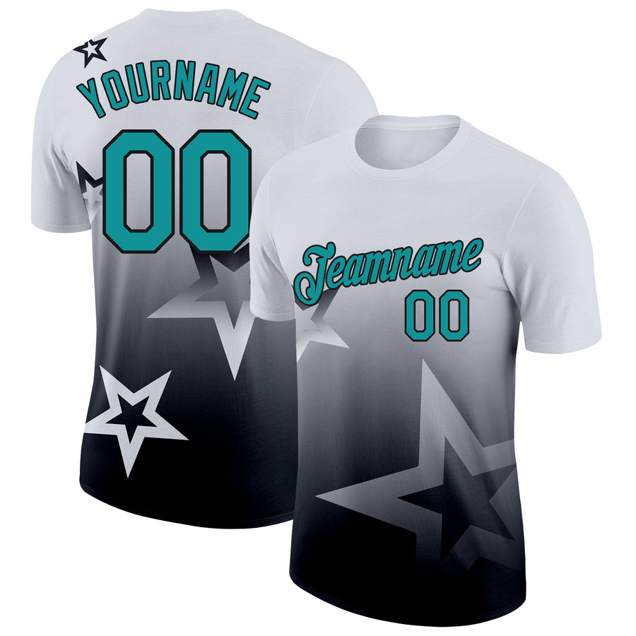 Custom White Teal-Black 3D Pattern Design Gradient Style Twinkle Star Performance T-Shirt