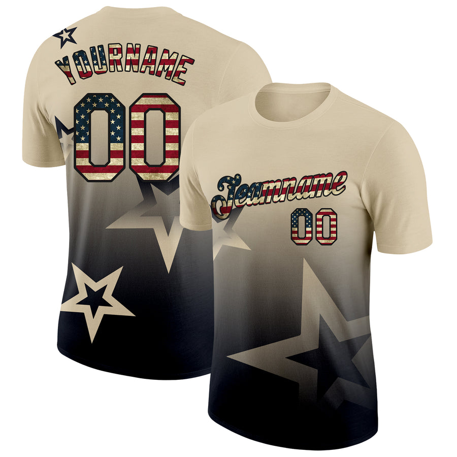 Custom Cream Vintage USA Flag-Black 3D Pattern Design Gradient Style Twinkle Star Performance T-Shirt
